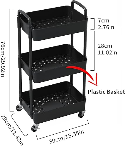 Miniatura 2 de Sywhitta - Carrito de almacenamiento rodante de plástico de 3 niveles con asa, carrito de almacenamiento multifuncional para oficina, sala de estar