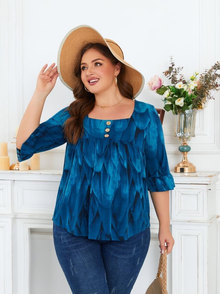 Siddhe Womens Plus Size Tops 3/4 Ruffle Sleeve Loose Fit Blouses Button Square Neck Shirt Casual Pleated Tunic Tops(1X-5X) - Image 6