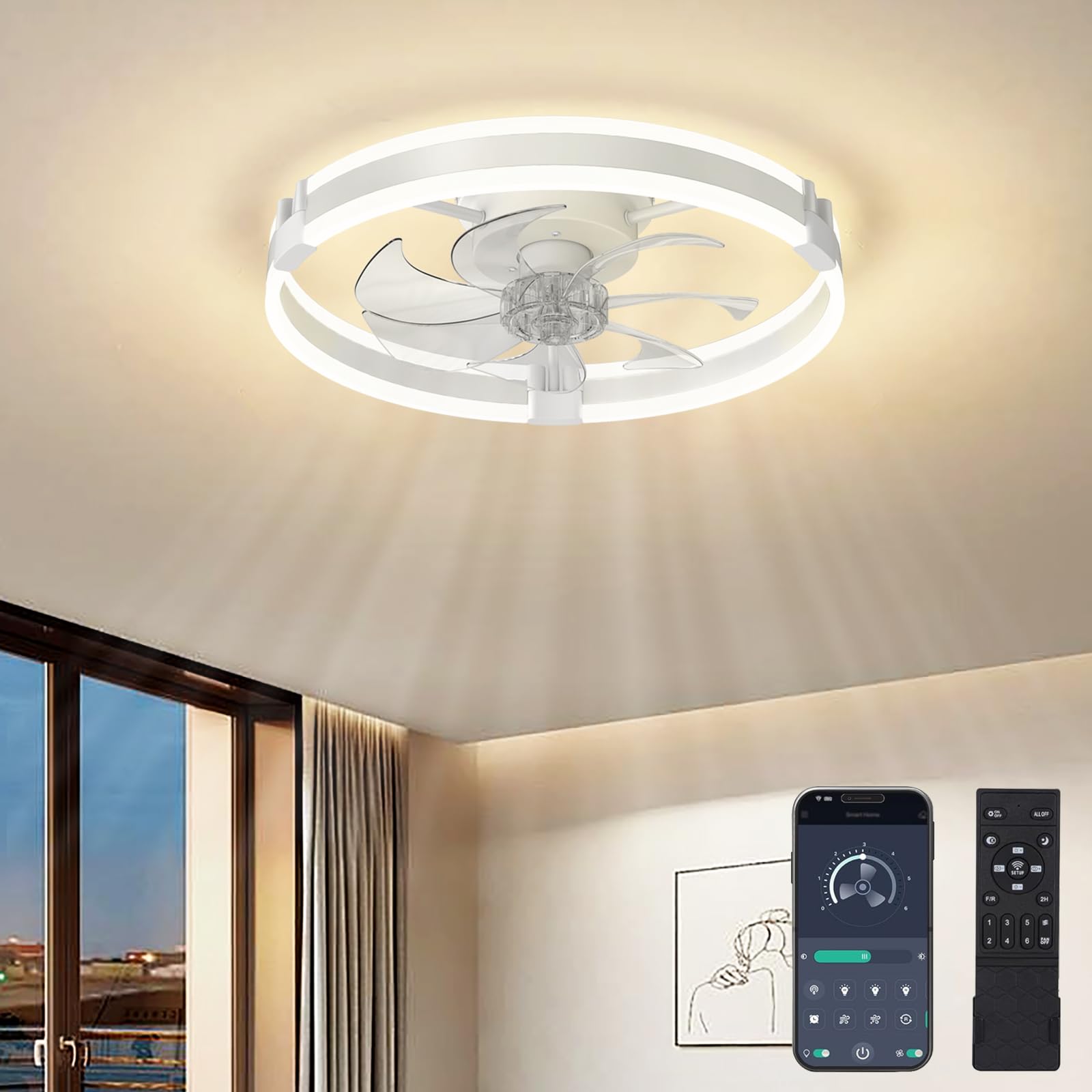 Deckenventilator-mit-Beleuchtun 50cm LED-Ventilator-Deckenleuchte Leise Fernbedienung Dimmbar 6 Geschwindigkeitsstufen Deckenventilator-Mit-Licht Timer Memory für Wohnzimmer Weiß