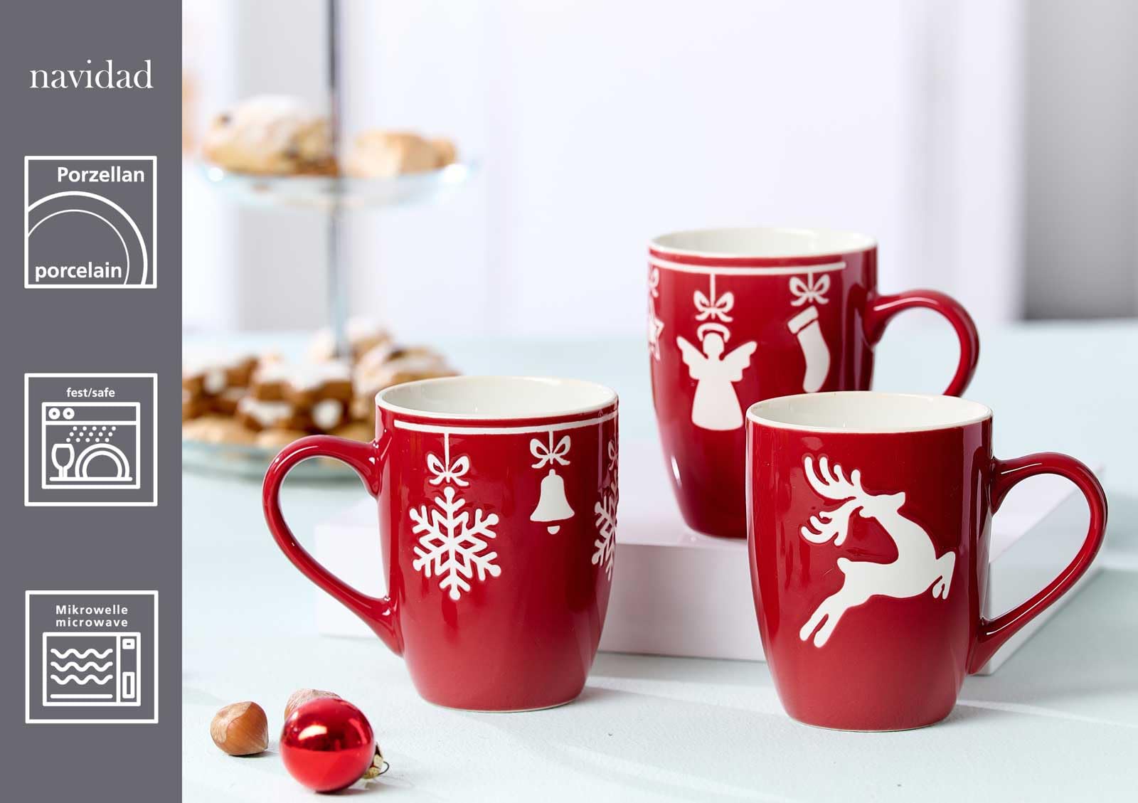 Ritzenhoff & Breker Navidad Kaffeebecher-Set 6-teilig, 360 ml, Weihnachtliche Henkelbecher mit Weihnachtsmotiven, Porzellan, Spülmaschinenfest, Rot