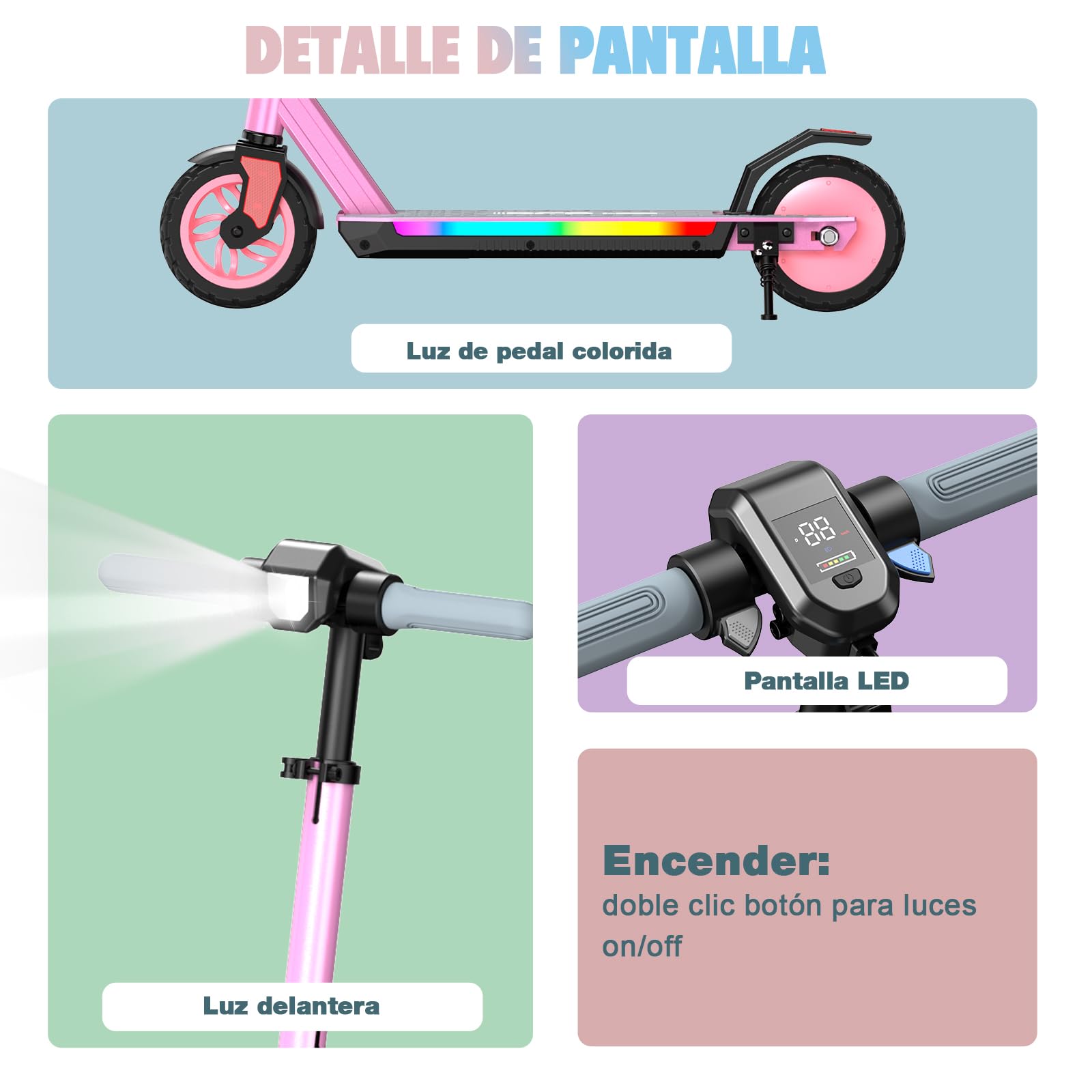 R12 Pro Patinete Eléctrico Niño 6-12 años, Scooter 150W, 3 Velocidades, 18km/h, Autonomía 15 km, Altura Regulable, Luces LED y Pantalla, Patinete Eléctrico Plegable y Ligero de 7"