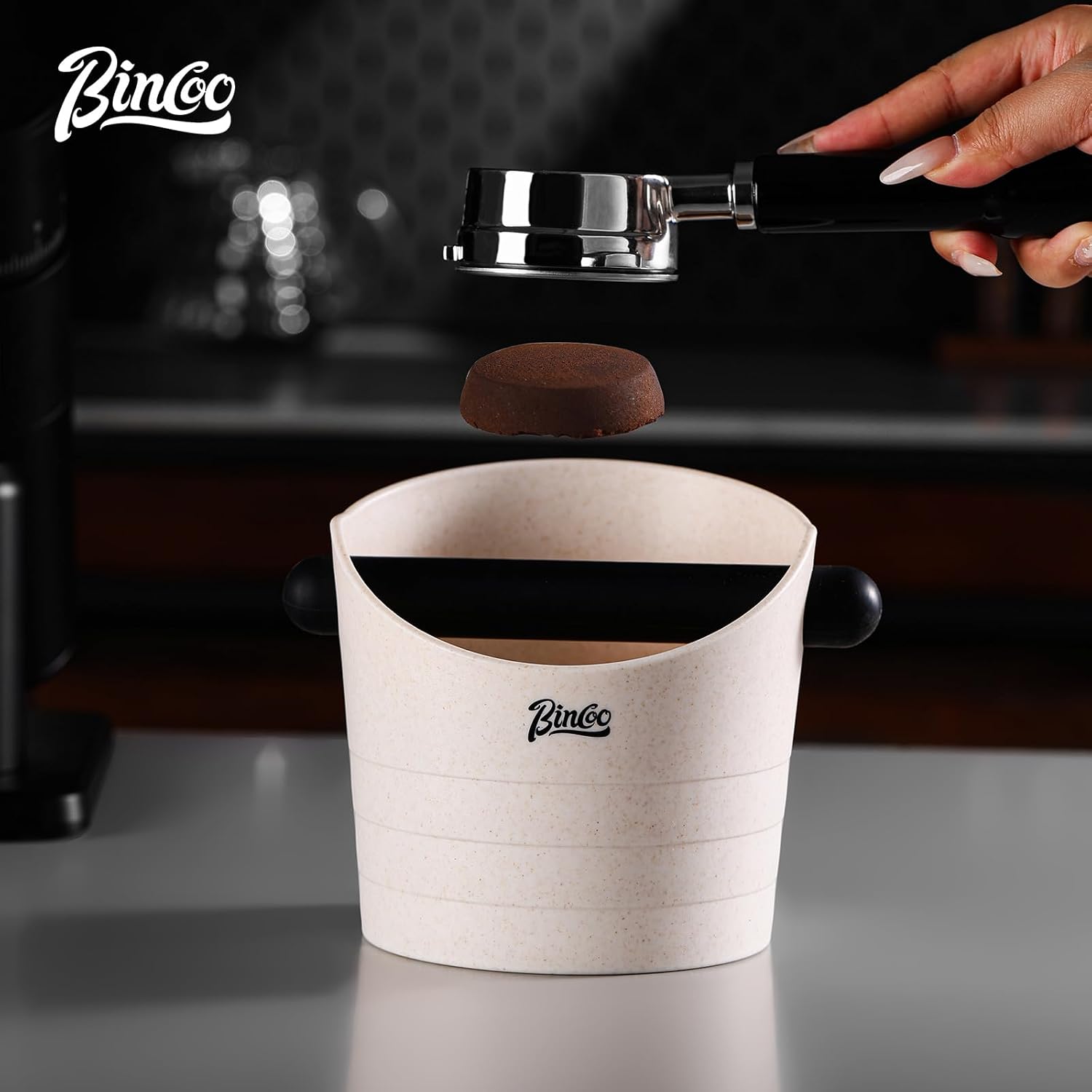 Bincoo Small Coffee Knock Box 4.5 Inch - 0.5L Espresso Knock Box Accessories for Coffee Grounds Container - Multifunctional, Suitable for Home & Bar(wheat color)