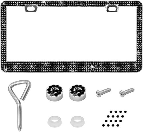 Ziciner Marco de matrícula brillante, cubierta brillante para placa de matrícula con diamantes de imitación multifacéticos, soporte para placa de