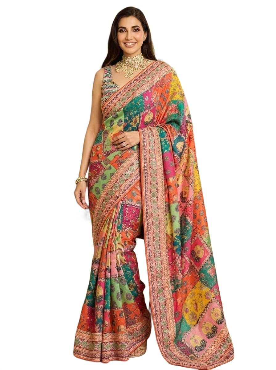 Women's Embellished Mirror Work Printed Chiffon Saree with Unstitched Blouse Piece-image-1