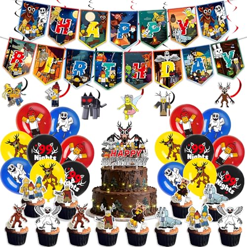 99 Nights in the Forest Deer Birthday Decorations Cake Topper Cupcake Toppers Banner Balloons Party Supplies Happy Birthday for Game Fans