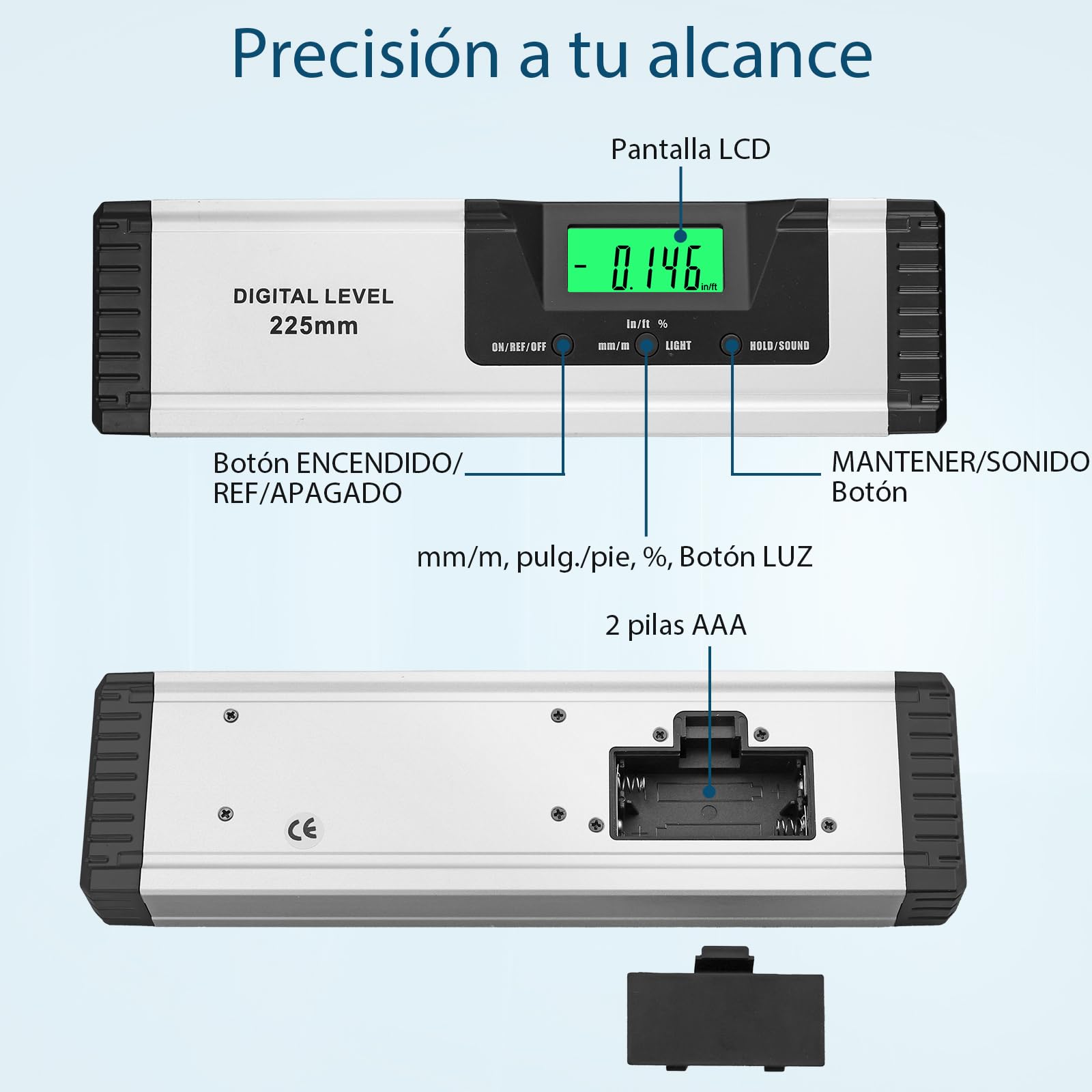 Nivel magnético digital e inclinómetro de 225 mm con indicador de audio de alta precisión ± 0,1°, imanes de neodimio fuertes, pantalla LCD, para construcción, soldadura de metal, alineación