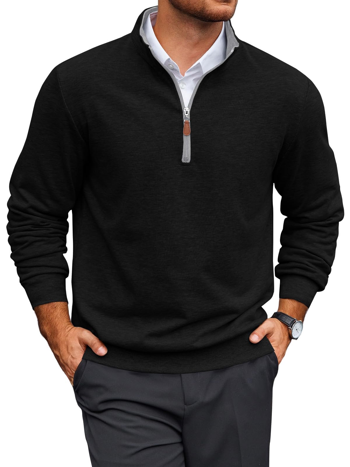 Runcati Herren Pullover 1/4 Zip Neck Troyer Langarm Sweater | Regular fit, Feinstrick, Rollkragenpullover, Arbeitspulli, Stehkragen, Polo, Herbst, Winter, Leicht, Klassisch