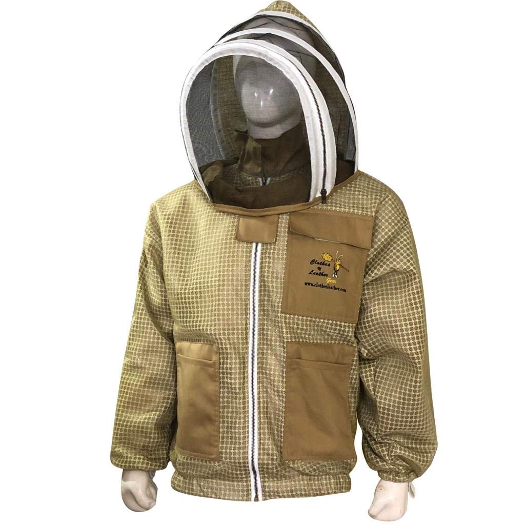Clothes & Leather Gear and 3 Layer Beekeeping Ventilated Jacket Fully Protection Beekeepers Ultra Ventilated Bee Jacket with Fencing Veil Facezipper (Medium, Khaki)