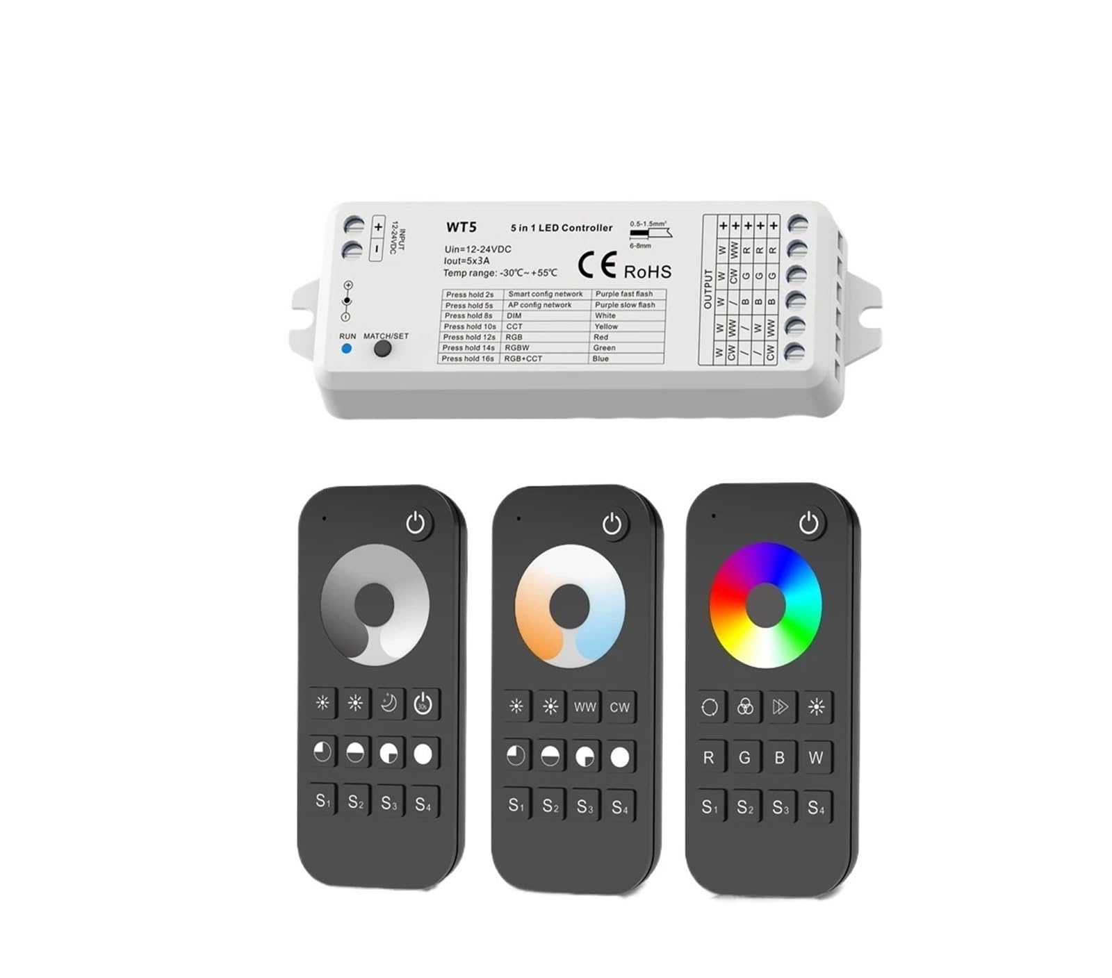 Controlador LED RGBW 12V 24V con tecnología 2,4G y control remoto WT5 para tiras de luz