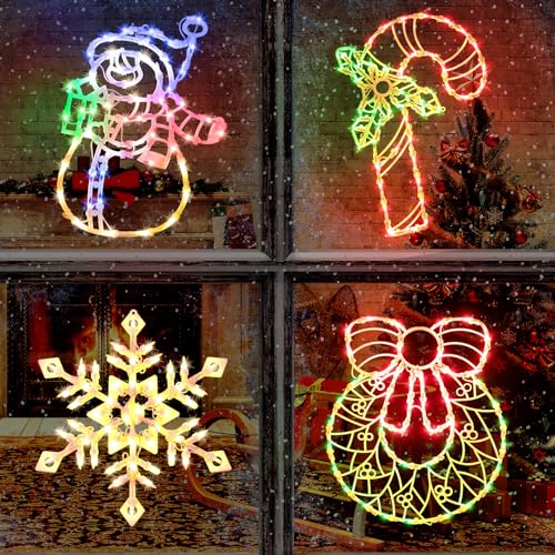4 Pack Christmas Window Silhouette Lights Decorations Lighted Wreath Candy Cane Snowflakes and Snow Man Christmas Window Light Decorations for Holiday Indoor Outdoor Wall Door Glass Decorations