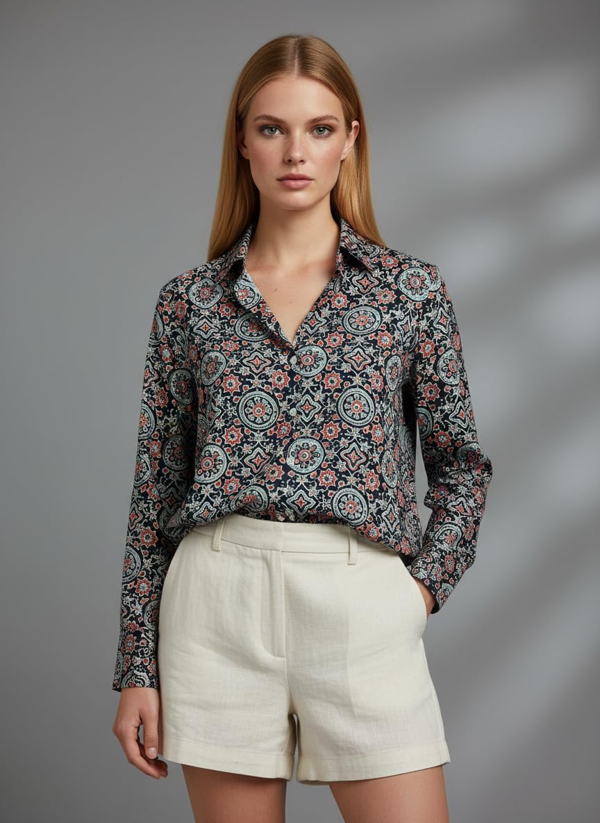 ANNI Designer Bedrucktes Damenhemd aus Baumwollmischgewebe, langärmelig, normale Passform, Hemdkragen, legere Bürokleidung, elegante Western-Kleidung für den Alltag, Hochzeit, Party