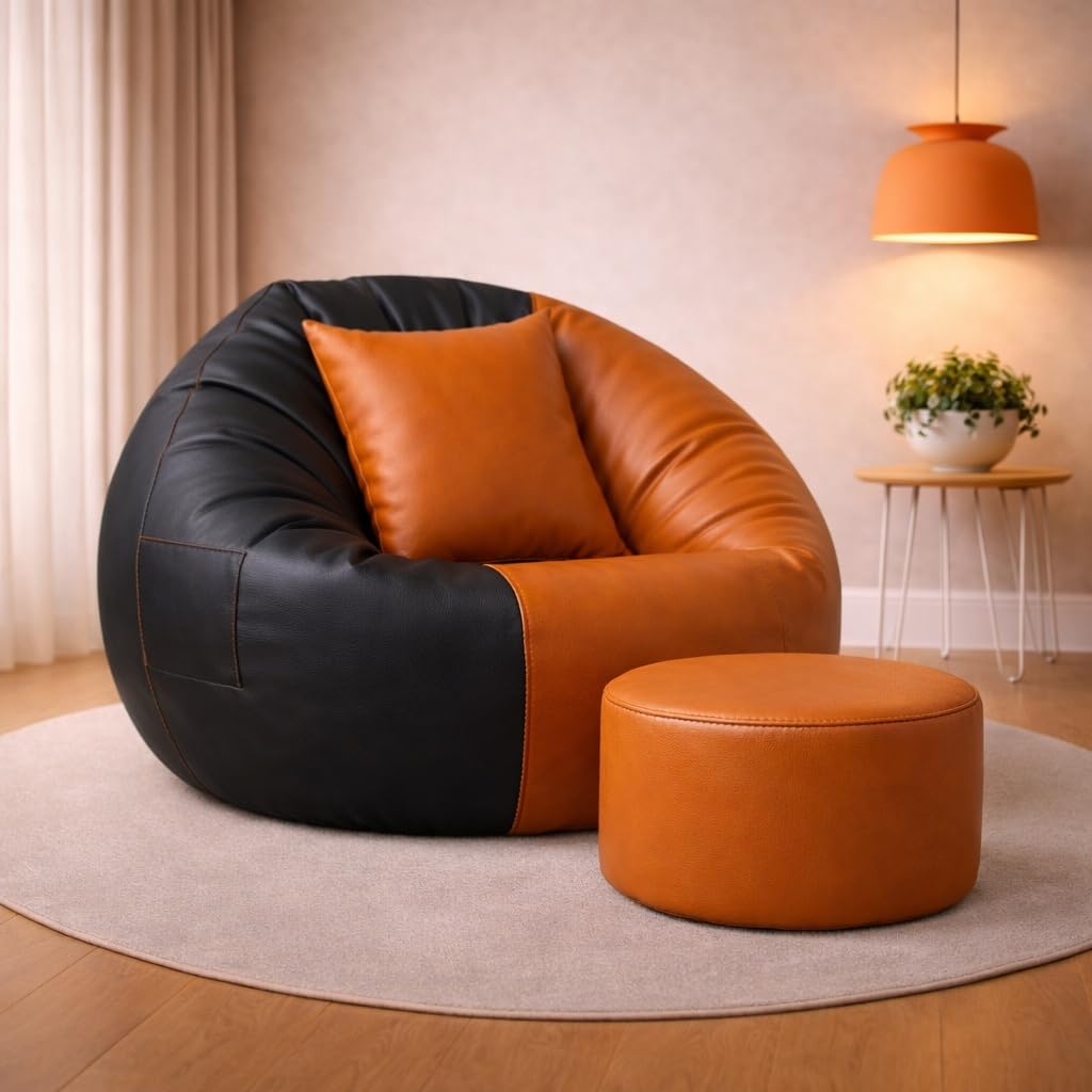4XL Tear Drop Bean Bag Chair with Footrest & Pillow | Premium Leatherette Bean Bag Cover (Without Beans) Upto 150 Kg Capacity | Living Room Lounger (Orange::Black, XXXXL)-image-45