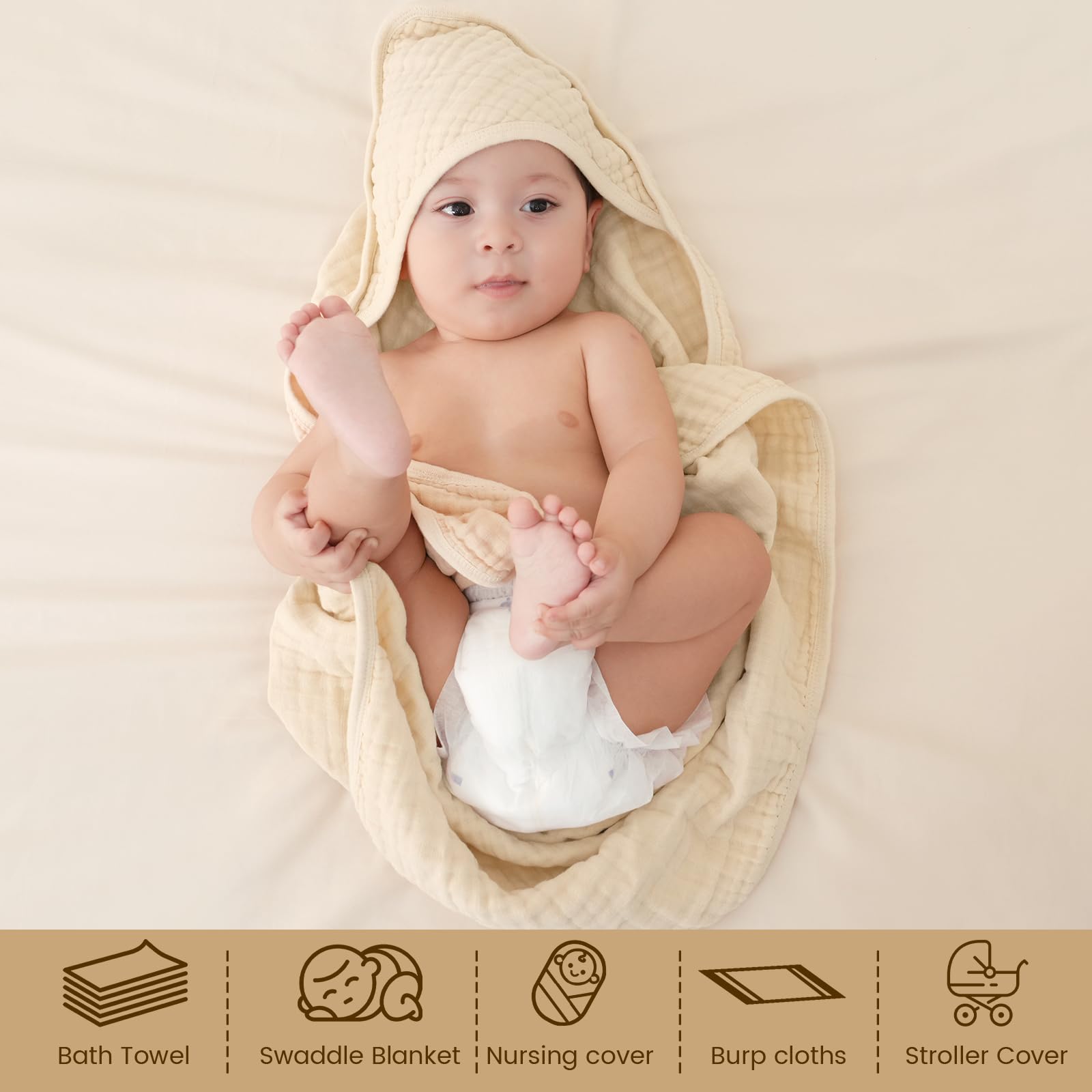 david's kids Paquete de 2 toallas con capucha para bebé, 100 % muselina de algodón, toallas de baño para bebé, ultrasuaves, transpirables, absorbentes, para bebés y niños, esenciales para recién