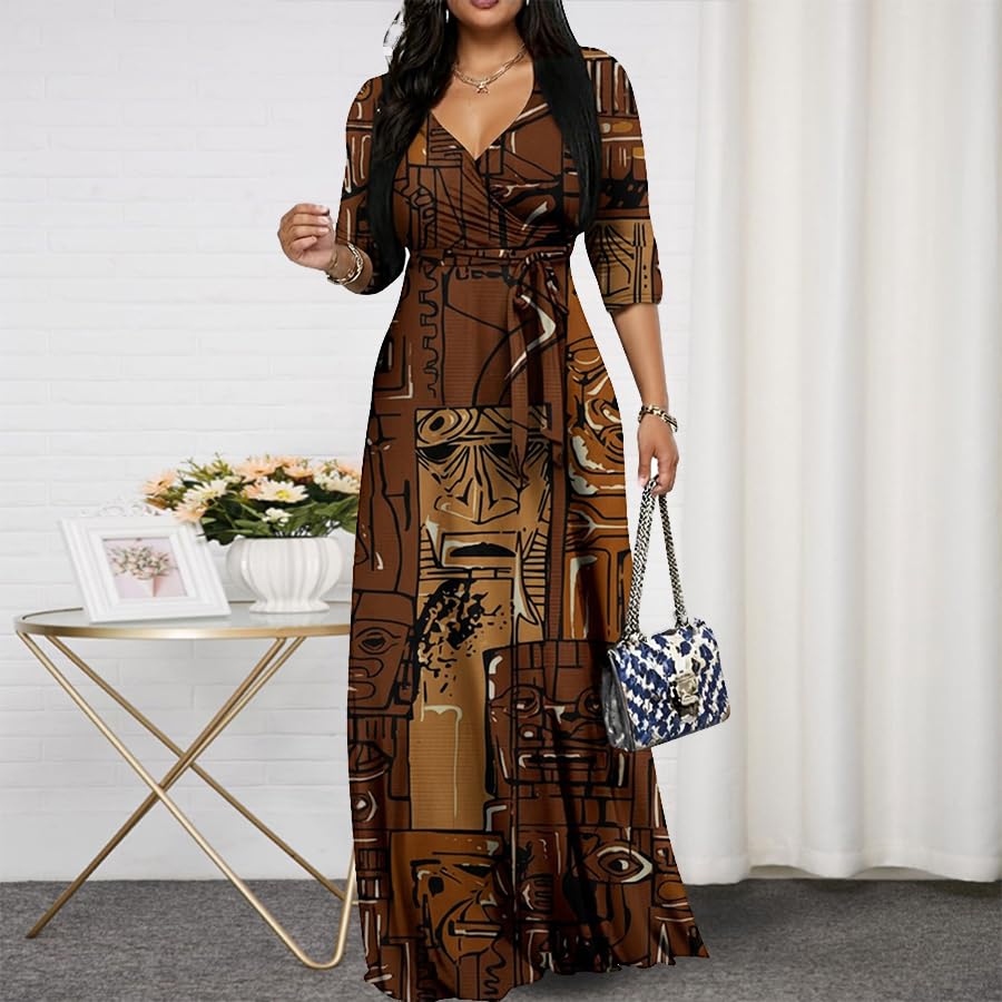 Image of Women's Church Maxi Wrap V Neck 3 /4 Sleeve Tie Waist Plus Size Long Dress | Flattering wrap V-neck design enhances curves. High elastic tie waist accentuates the slimmest part, hides tummy.