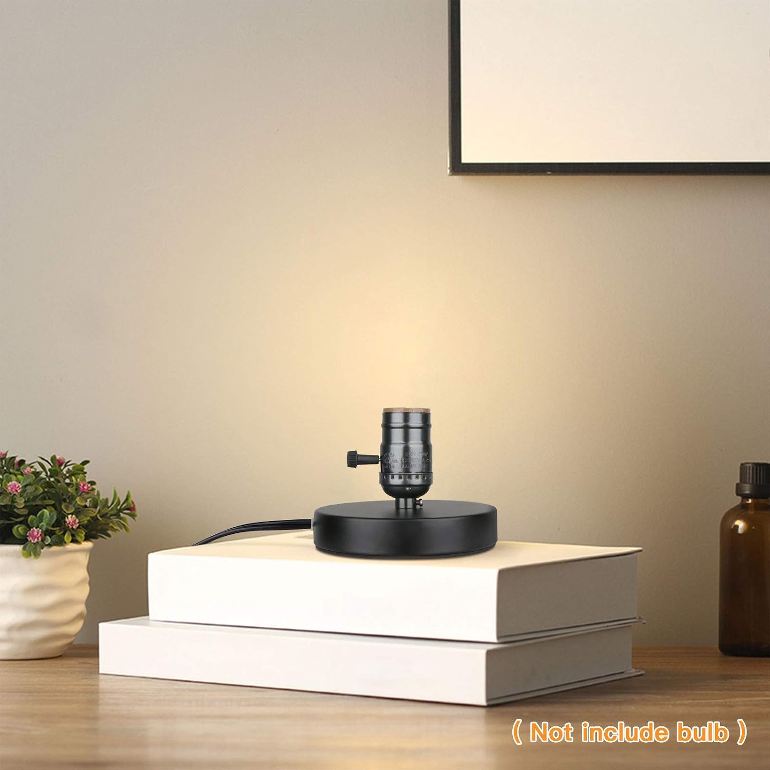 Vintage Table Lamp Base, Lamp Base without Shade, E26 E27 Short Edison Light Bulb Stand, Small Simple Exposed Lamp Base, with Plug in 5-3/4' Cord On/Off Switch Mini Industrial Basic Lamp (Gloss Black)