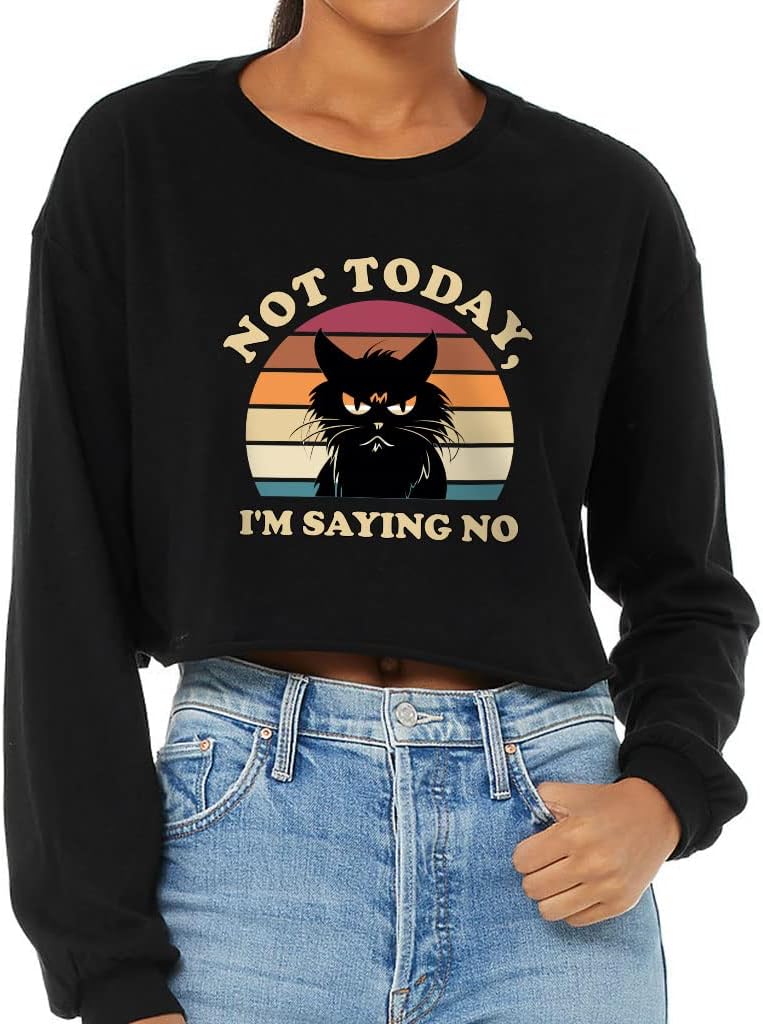 I'm Saying No Cropped Long Sleeve T-Shirt - Cat Design Women's T-Shirt - Printed Long Sleeve Tee - Black, S