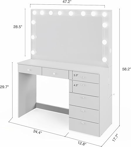 Miniatura 3 de Boahaus Joan - Escritorio de maquillaje con 7 cajones, espejo ancho y 14 bombillas adicionales Joan - Blanco moderno con pomos de cristal para