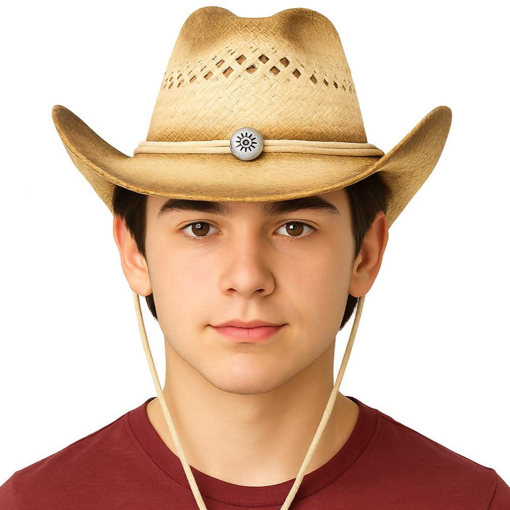ArtCreativity Straw Cowboy Hat for Teens, 1PC, Cowboy Costume Hat with Chinstrap and Sunburst Pendant, Cow Boy Costume Prop for Kids, Cowgirl Dress Up Parties, and Country Concerts