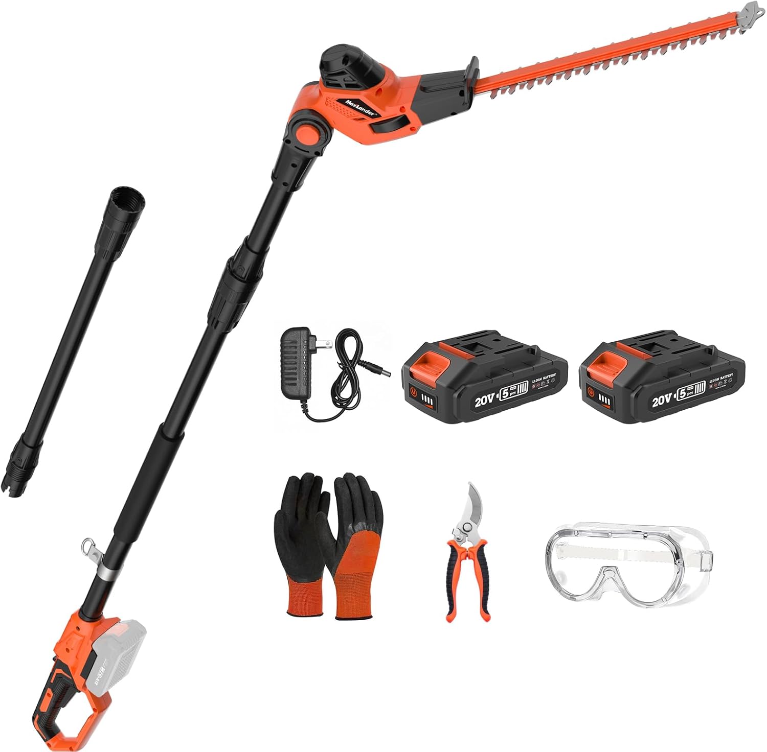 MAXLANDER Hedge Trimmer 18-Inch Cordless Pole Hedge Trimmer, 16-Feet Max Reach Hedge Trimmer with Extension Pole, Multi-Angle Adjustable, 2 x 2.0Ah Battery and Charger Included 18 Inch Pole Hedge Trimmer