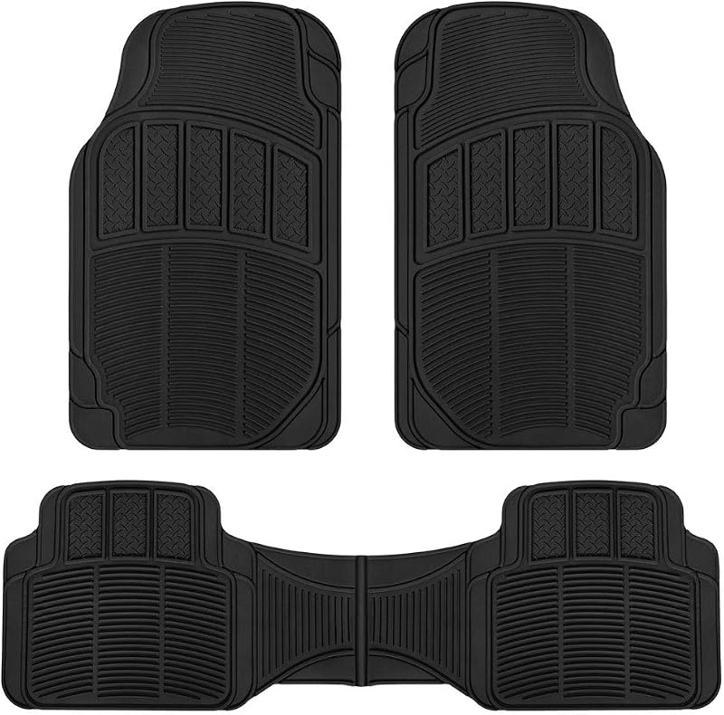 BDK 3-Piece Universal Front & Rear Rubber Floor Mats, Heavy Duty Universal Fit Liners for Cars SUVs Trucks Vans, All Weather Protection Anti-Slip Nibs, Flexible Contours Fits Most Vehicles - Black