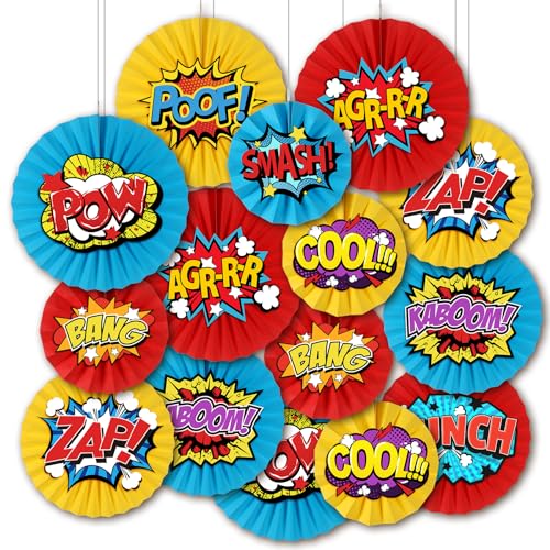 Feifeiya Juego de 15 abanicos de papel para decoración de fiesta temática de héroe, decoración de tablero de anuncios, decoración de cumpleaños, baby shower, regreso a clases, suministros de fiesta