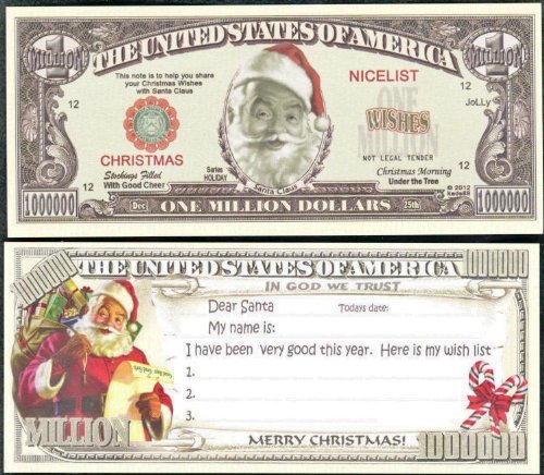 Santa Wish List Christmas Novelty Million Dollar Bill Lot of 100 Bills