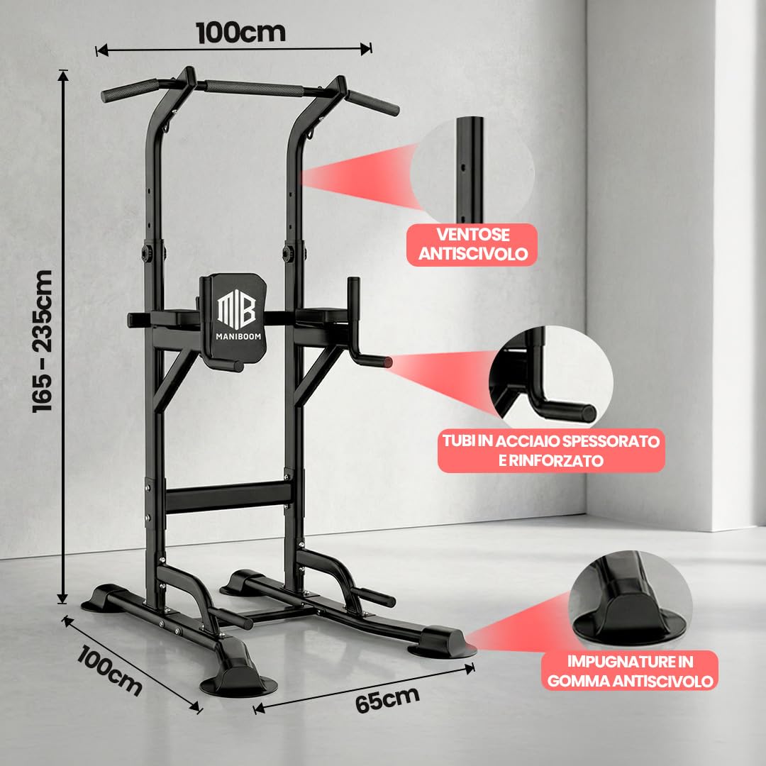 ManiBoom "ROCCIA SOLIDA" Barra Trazioni Autoportante (220KG) - Power Tower Regolabile (165-235cm) con Base Antiribaltamento per Calisthenics, Dips e Trazioni a Casa