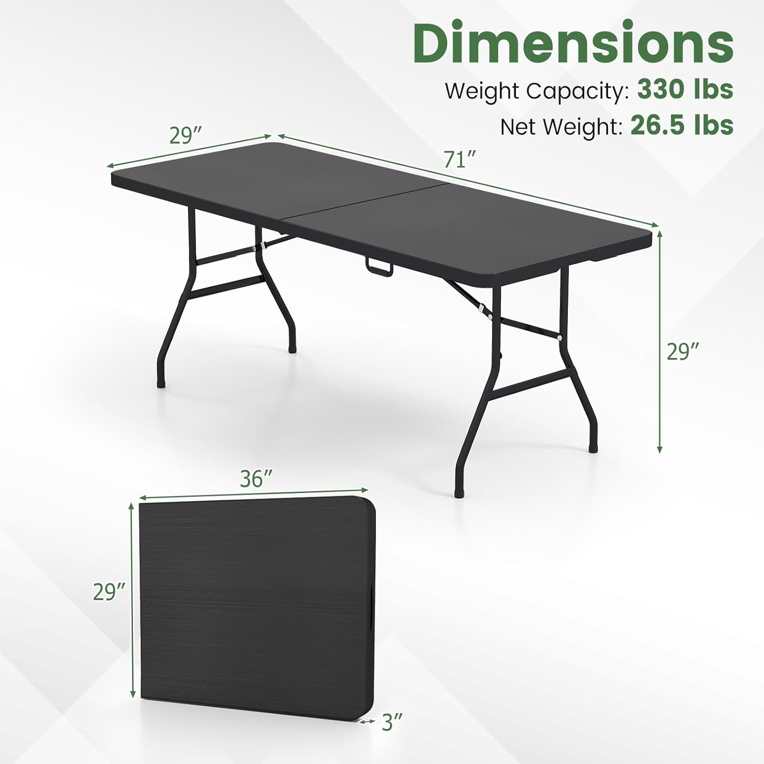 GYMAX 6FT Folding Table, Portable Lightweight Camping Table with Carry Handle, Easy Fold Up Rectangle Indoor/Outdoor Collapsible Table for Camp, Picnic, BBQ, Patio (Black (No Umbrella Hole))