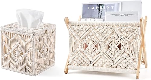 Mkono Funda para caja de pañuelos y revistero de macramé, decoración bohemia para baño, dormitorio, aparador, sala de estar, oficina, color marfil,