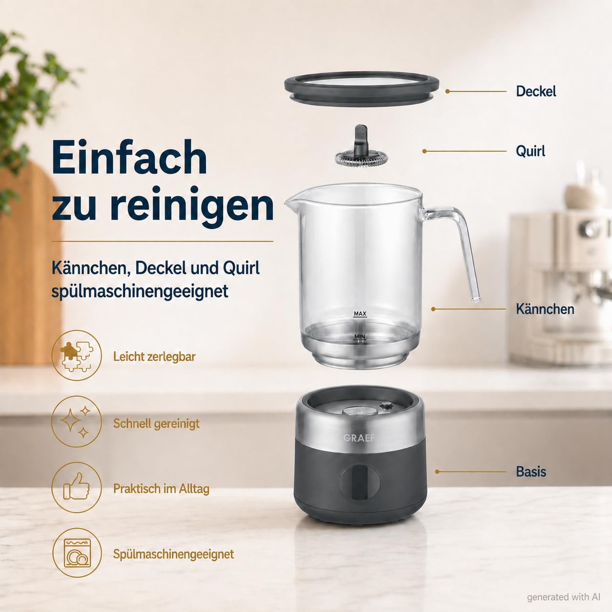 GRAEF MS802EU - Espumador de leche eléctrico, hasta 500 ml de espuma de leche en calidad barista, jarra de cristal extraíble, 5 programas, apagado automático, pantalla táctil, color negro