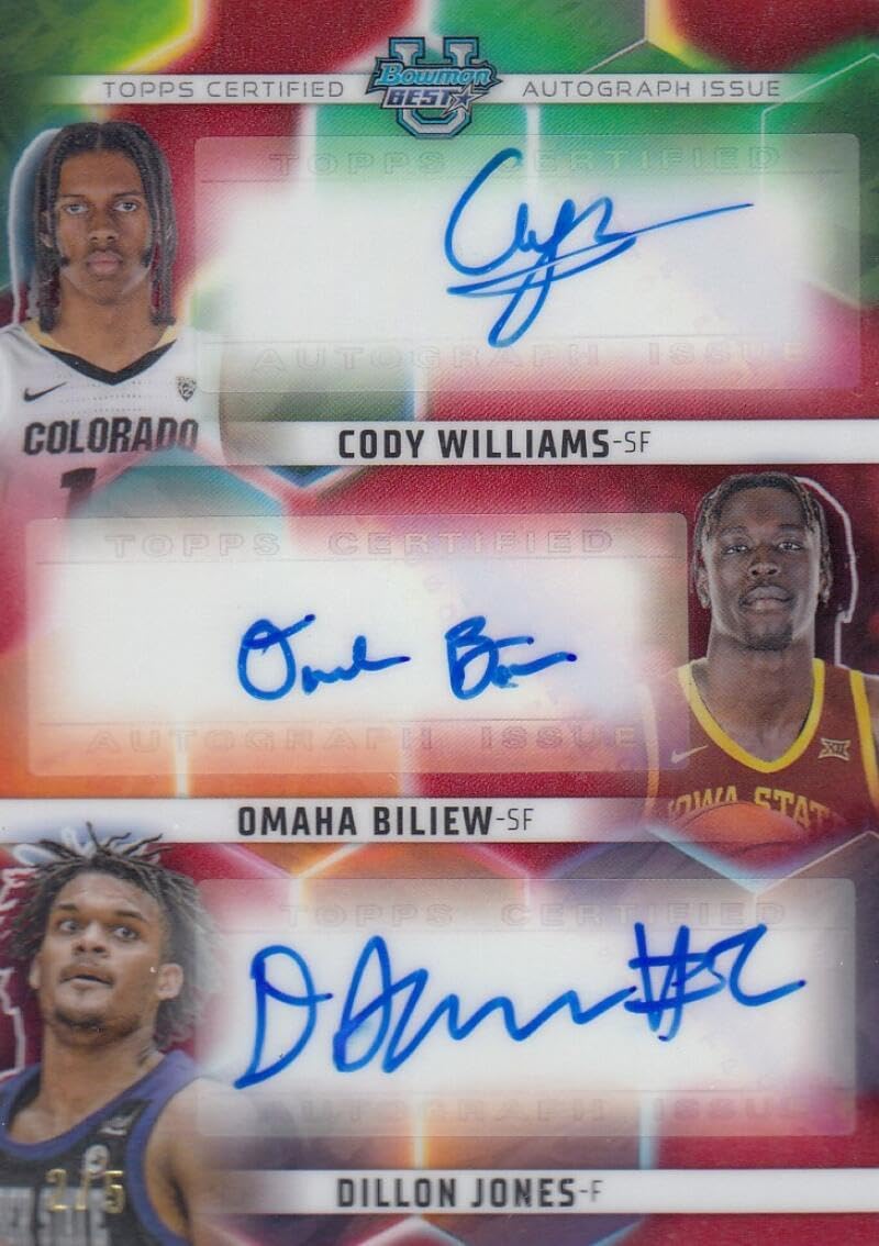 Basketball Trading Card 2023-24 Bowman Best University Triple Autograph Refractor Red #TA-COD Cody Williams/Omaha Biliew/Dillon Jones NM Near Mint Auto 2/5