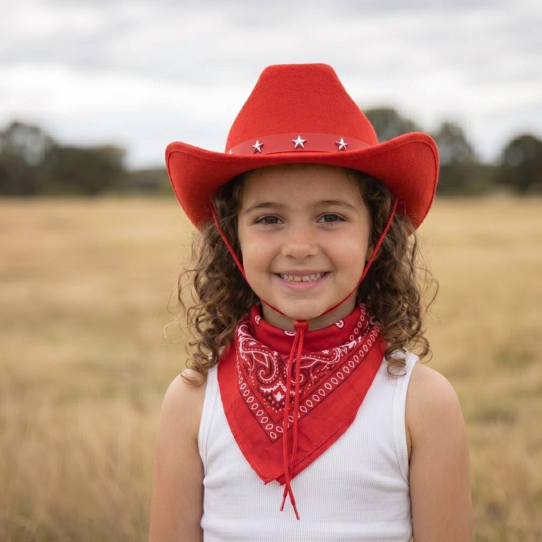 Sombrero de vaquero con tachuelas de estrella roja para niños con bandana de cachemira roja a juego, juego de accesorios de disfraz occidental para fiestas, festivales, eventos temáticos de rodeo