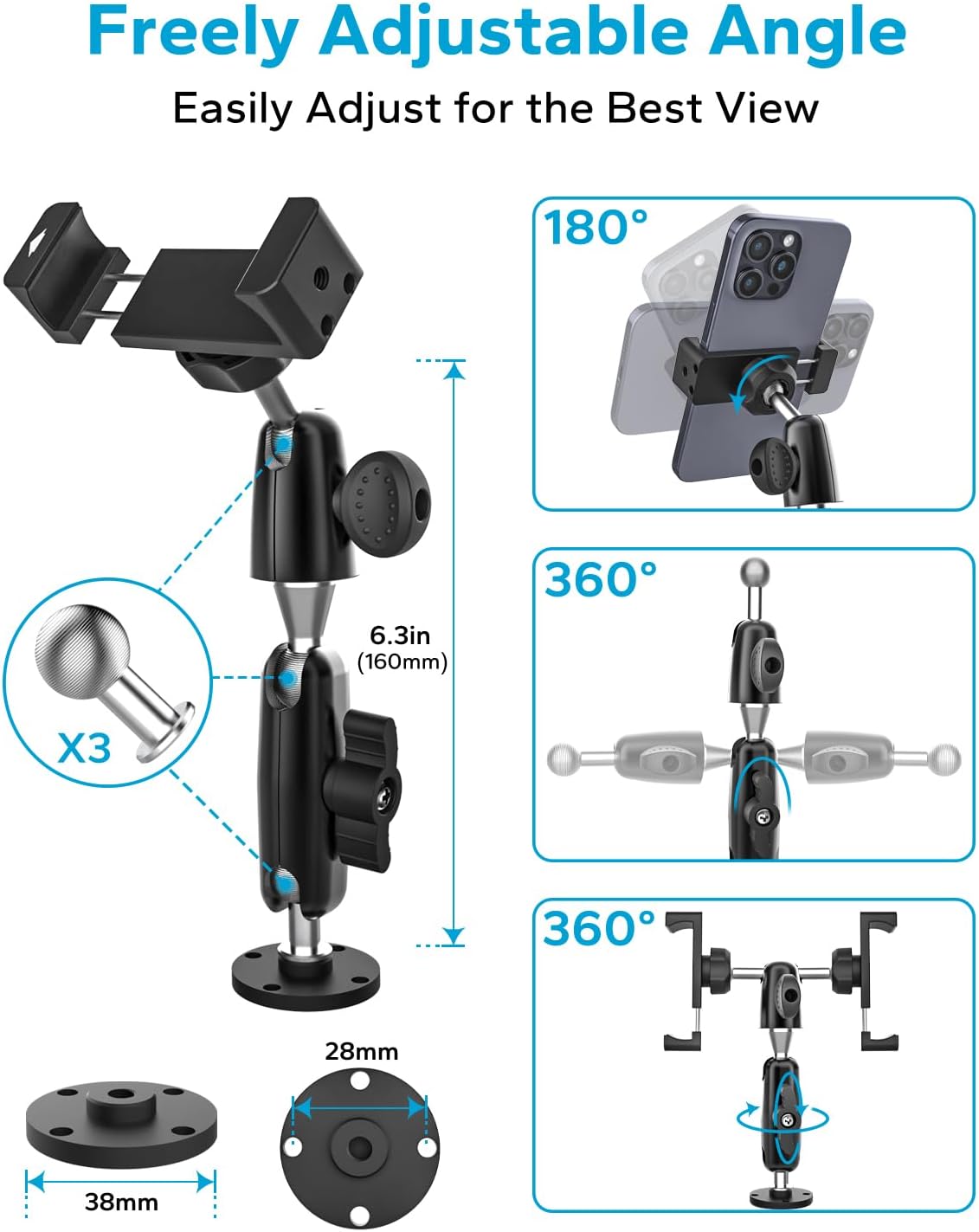 GDZN Kayak Phone Holder Mount, [All Metal Material] Heavy Duty Drill Base Phone Mount for Boat/Canoe, 360° Adjustable Arm - Universal Phone Clip for iPhone 17/16/15, Galaxy S/A/Z Flip, 4-7" Phones