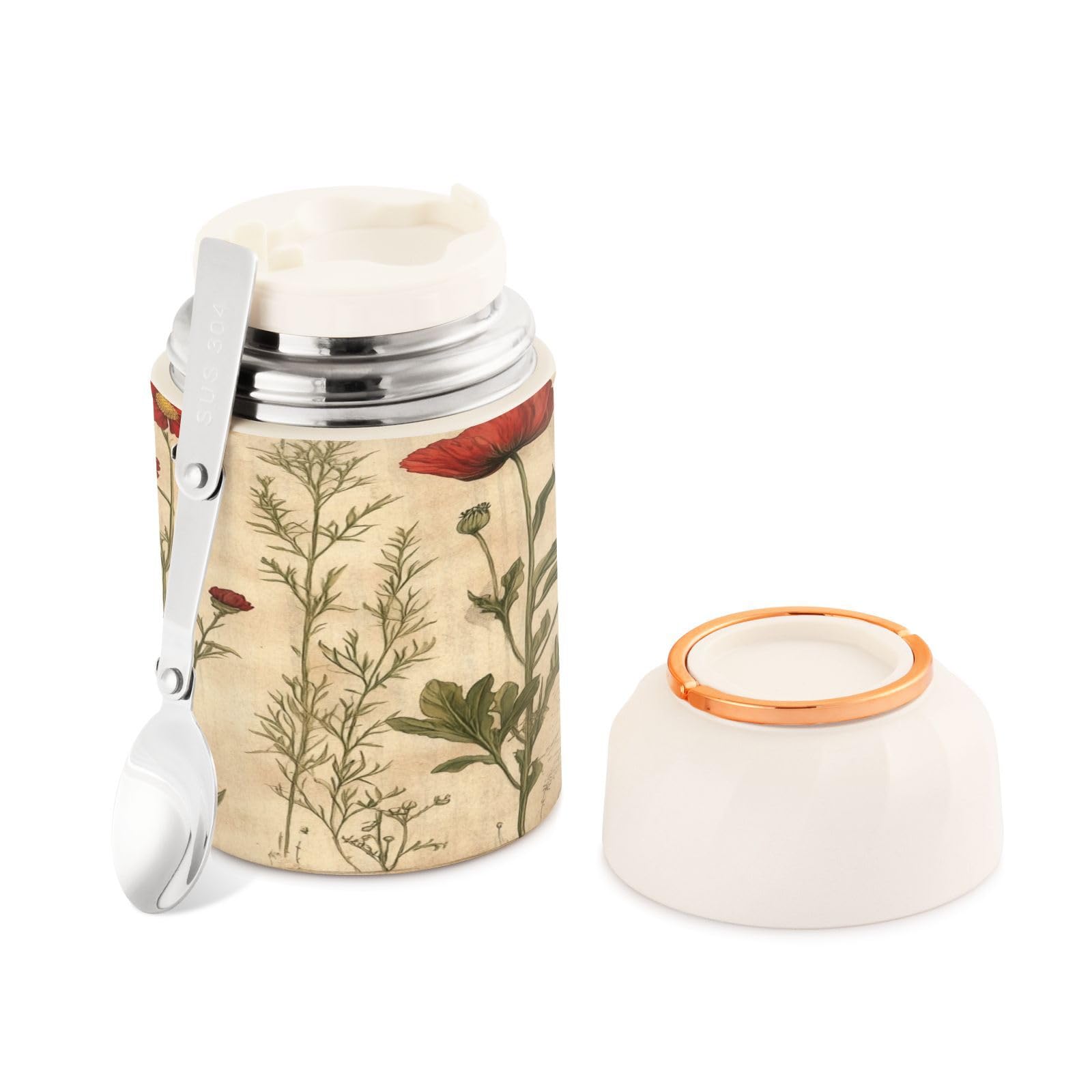 Termo de comida caliente de amapola vintage de 500 ml con cuchara plegable