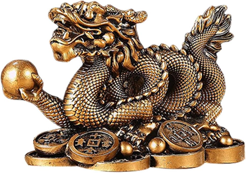 Chinese Dragon Statue, Feng Shui Dragon Ornament Attract Wealth And Good Luck Home Office Car Ornaments (Bronze)