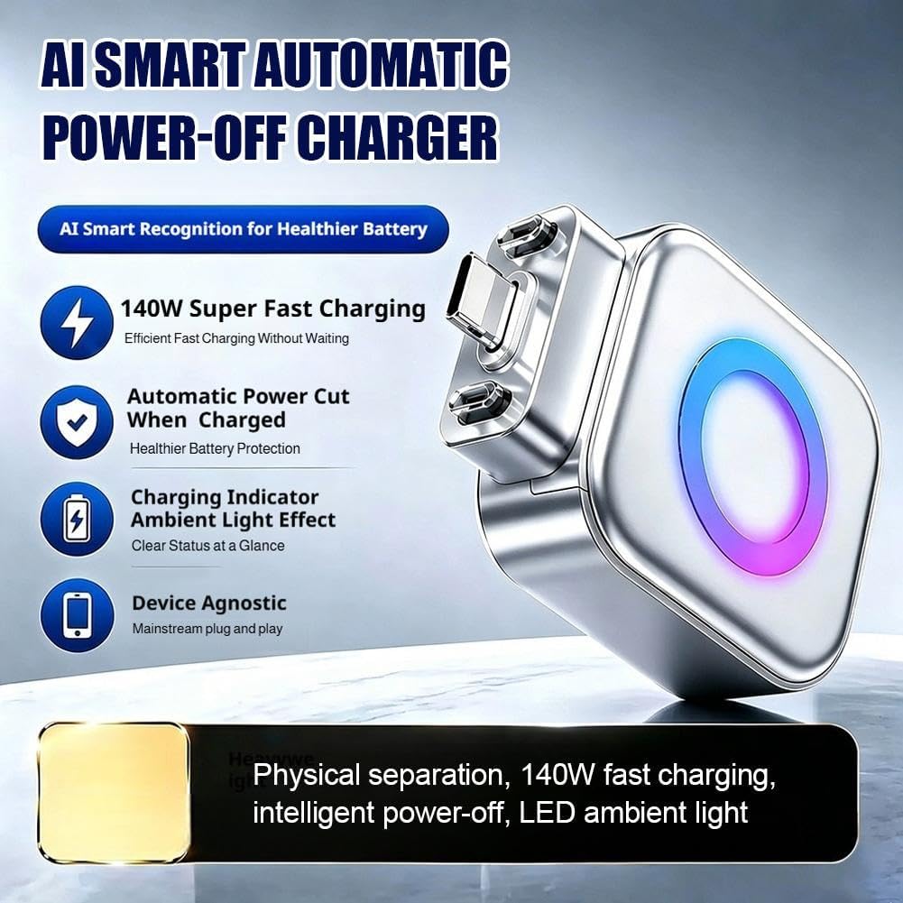 Chargeur Rapide Intelligent 140 W à DéConnexion Automatique,Adaptateur de Charge Intelligent à ArrêT Automatique SéParateur EntièRement Chargé Protecteur de CâBle de Charge à DéConnexion Automatique