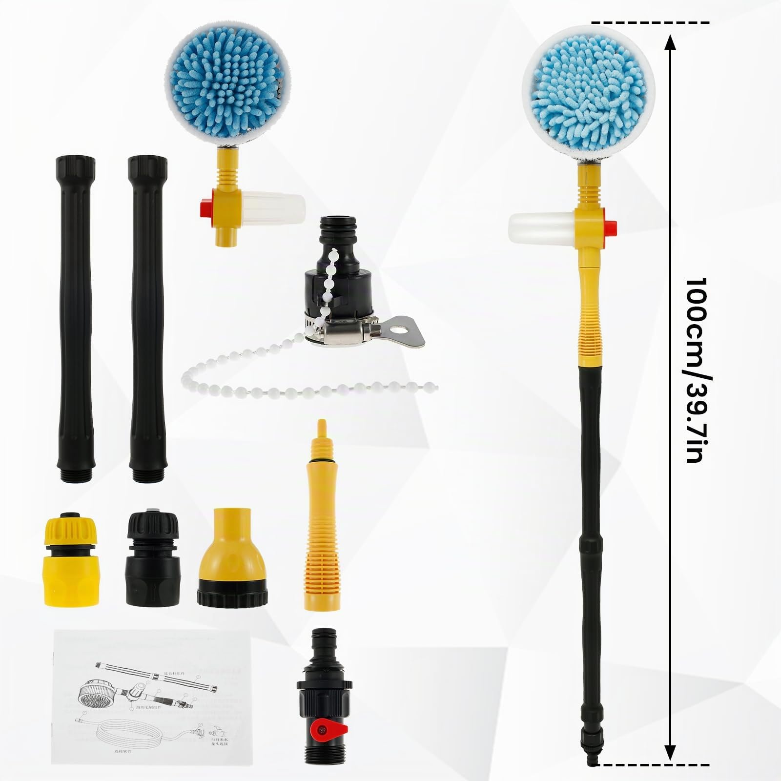 Spazzola rotante per lavaggio 100cm Spazzola per lavaggio auto con manico 360° Spazzola rotante per cura auto con serbatoio sapone Pistole ad acqua ad alta pressione Set spazzole per lavaggio auto per