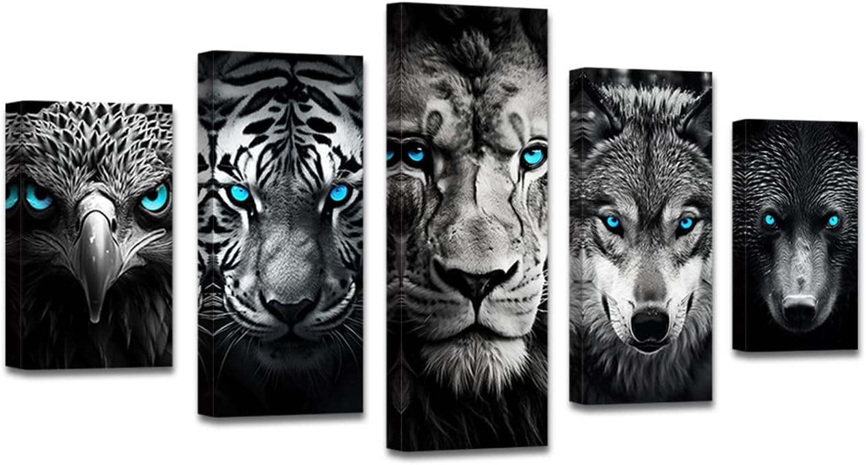 DOARTDO Black and White Animal Canvas Wall Art 5 Pieces Blue Eyes Eagle Bear Tiger Wolf Lion Pictures Animal Painting Artwork Living Room Kids Room Decor Frame (8x14inx2 8x18inx2 8x22inx1)