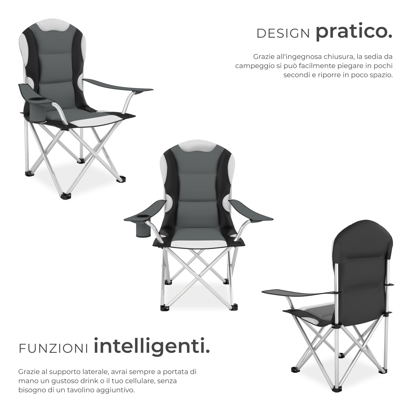tectake® 2 Sedie da Campeggio Pieghevole, Comoda Imbottitura, Sedie Relax con Tessuto a Rete per Ventilazione, Bracciolo con Porta Bevande Incorporato, Pratica Borsa Inclusa - Grigio