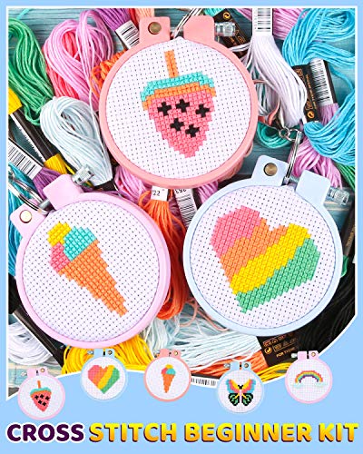 Pllieay 6 PCS Cross Stitch Beginner Projects for Kids 7-13, Starter Cross Kit Sewing Set for Backpack Charms, Needle Craft and Ornaments