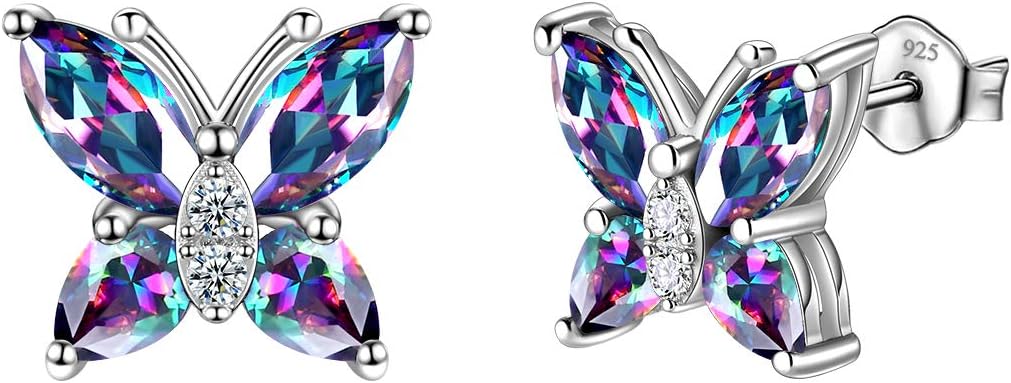 Butterfly Birthstone Stud Earrings - Women 925 Sterling Silver Butterflies Birthstone Stud Earrings Birthday Gift for Women