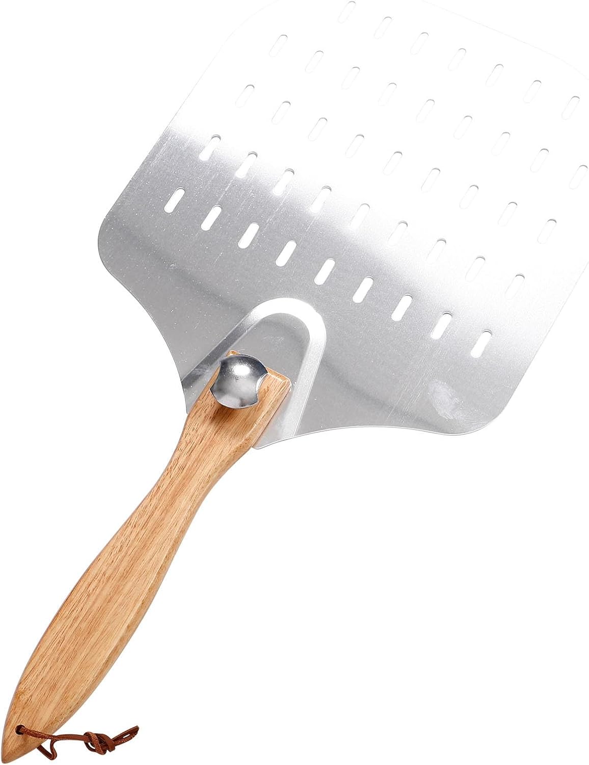 Perforated Pizza Peel with Wooden Long Handle, Aluminum Transfer Paddle