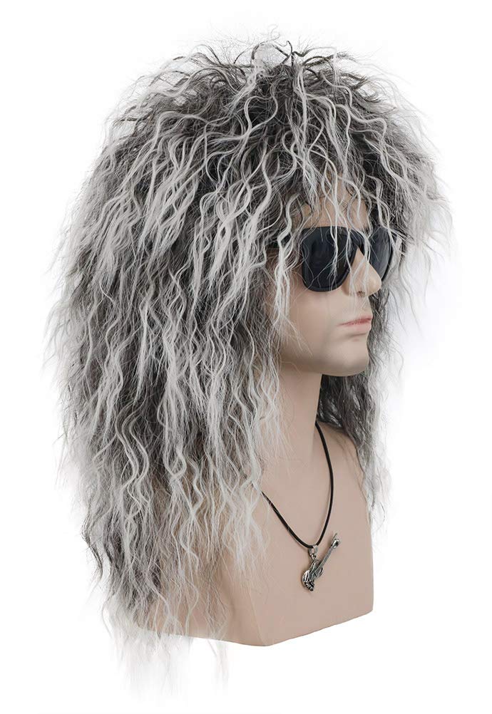 VGbeaty Adult Men Women Long Curly Gray Gradient White Wig 70s 80s Rocker Mullet Halloween Costume Cosplay Wig