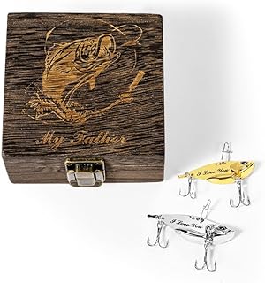BYFDIY Custom Name Fishing Lures 2 Pcs Metal Life-Like Personalized Engraved Fish Lures with Wooden Box Set Birthday Gifts for Men Him Father Grandpa 5-20g