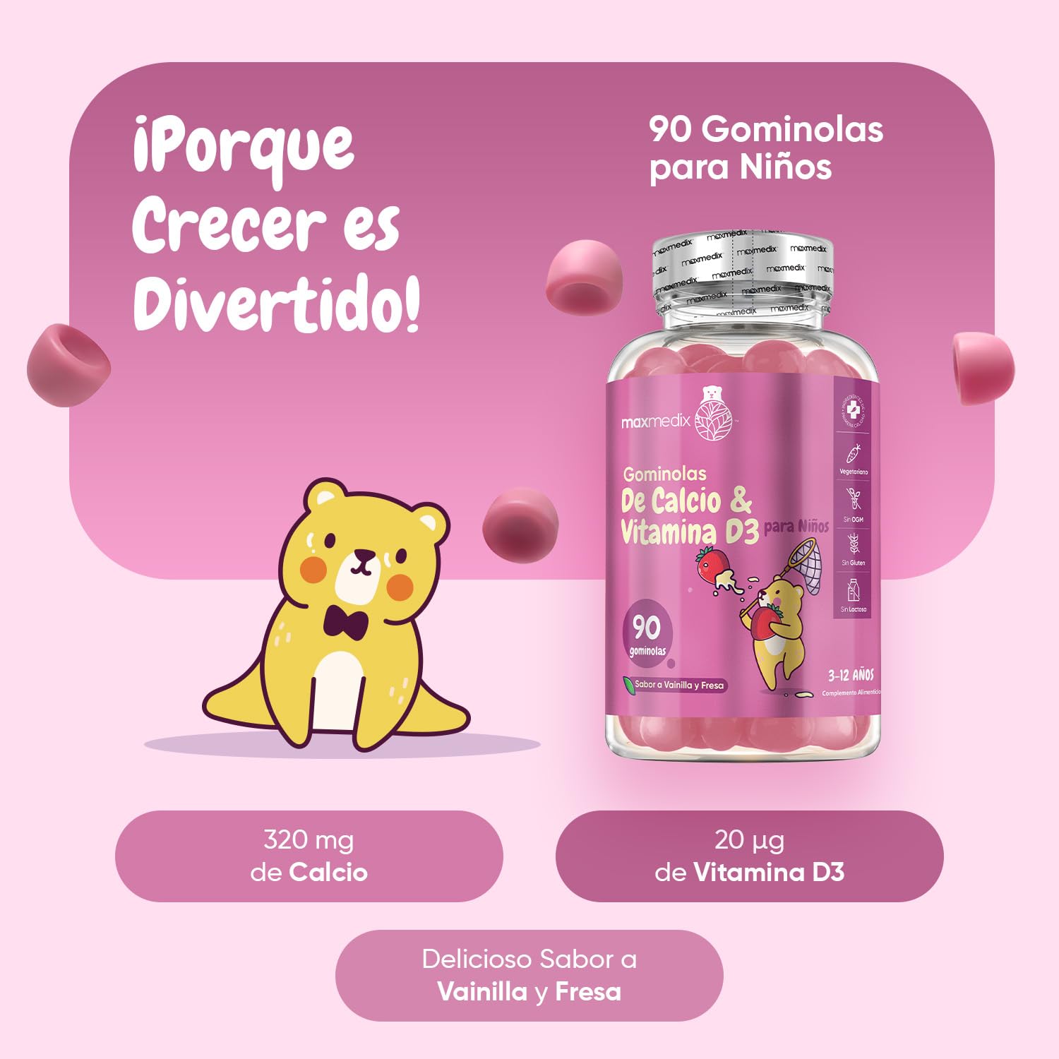 Calcio y Vitamina D3 para Niños - 90 Gominolas, Sabor a Vainilla y Fresa - Suplemento para Niños para su Crecimiento y Desarrollo - 45 Días de Suministro - Sin Lactosa ni Gluten