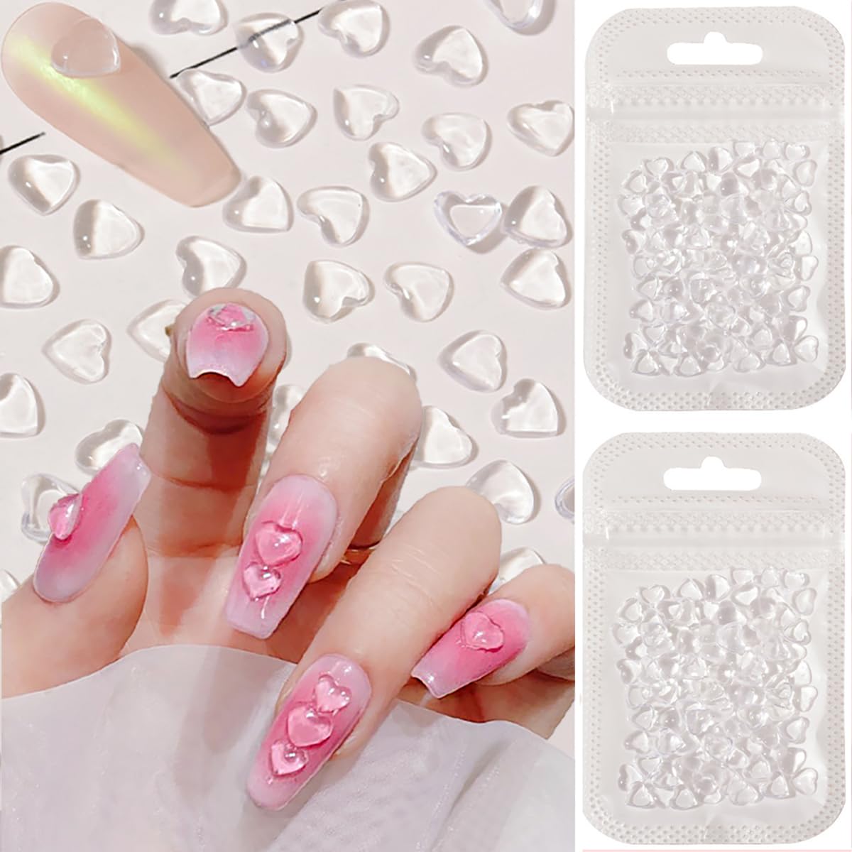 200 Pcs Clear Heart Nail Charms, 3D Love Hearts Nail Rhinestones Flat Jelly Resin Crystal Nail Jewelry Mixed Size Hearts Nail Supplies Women DIY Manicure Decoration Accessories
