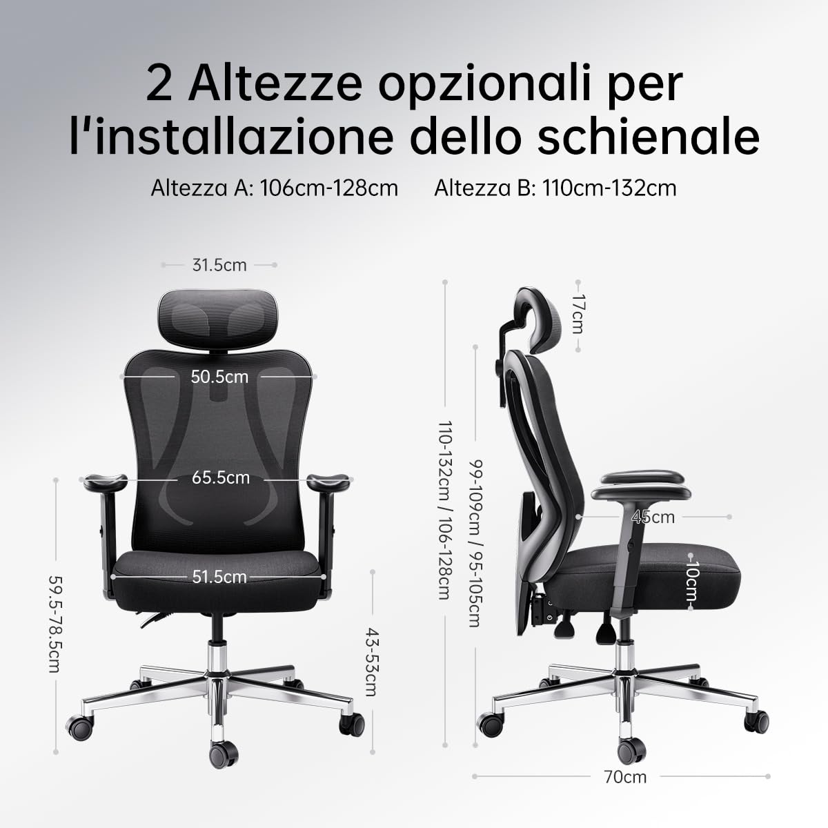 Hbada Sedia da ufficio ergonomica, sedia da ufficio con poggiatesta regolabile, supporto lombare, poltrona computer reclinabile grandangolare, Poggiapiedi integrato, schienale in rete elastica, nero
