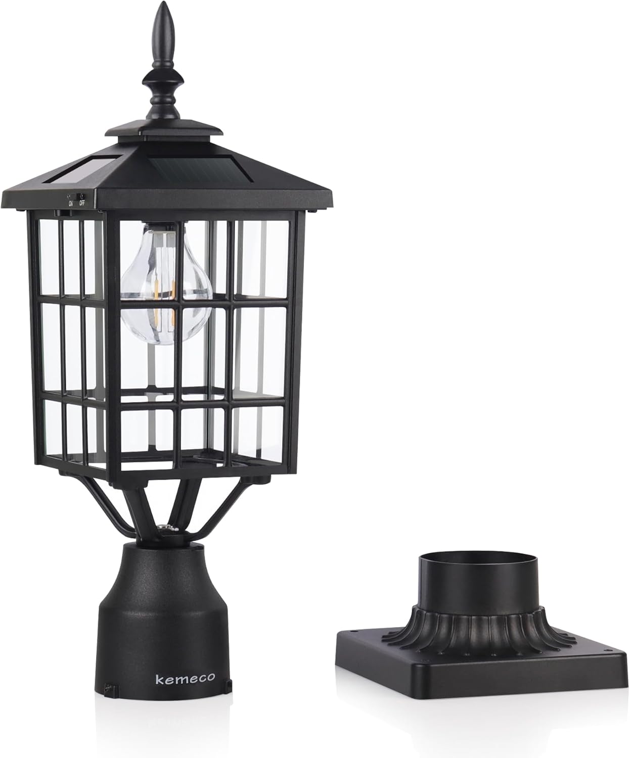 Kemeco ST4224Q-A Solar Post Light Outdoor, Landscape Led Squared Frame Fixture with 3" Pier Mount Base for Garden Street Post Pole Yard Driveway Entryways (Black)