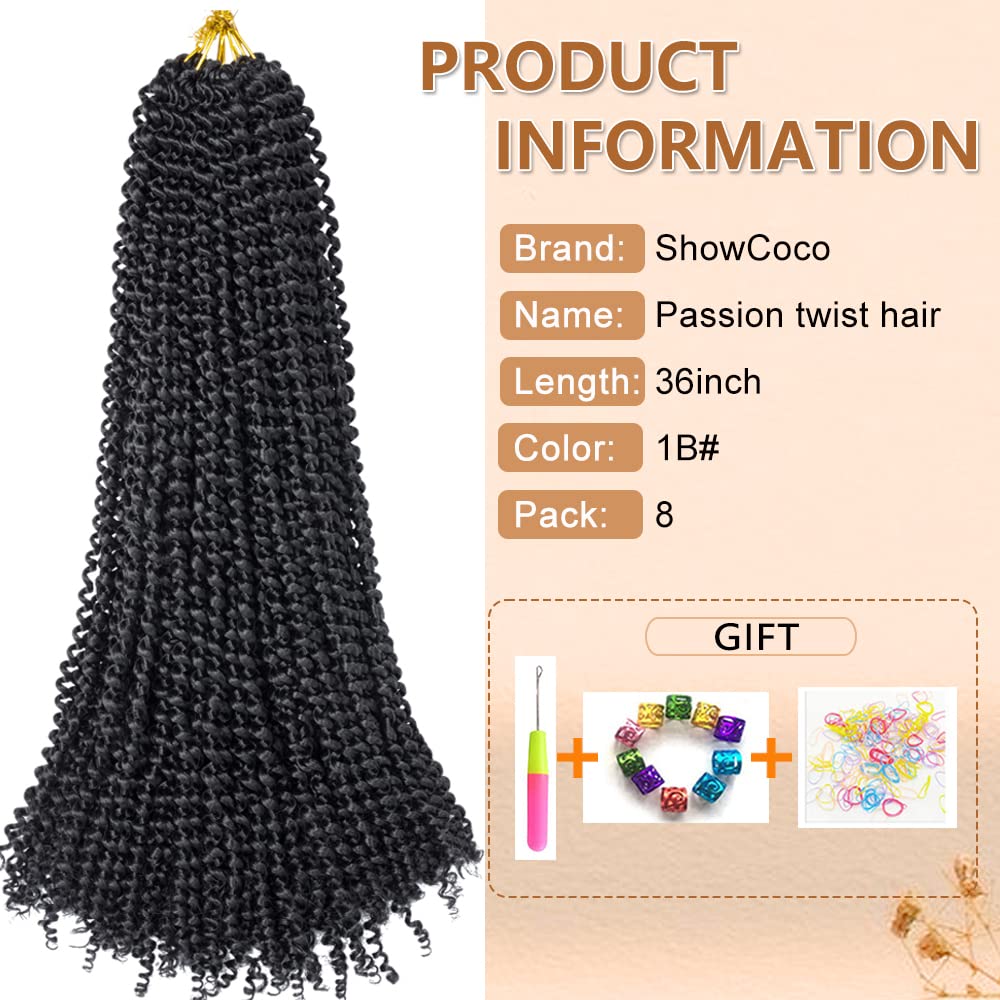 Passion Twist hair 36 Inch, 8pcs Water Wave Passion Twist Crochet Hair Extensions Long Bohemian Hair Braiding Passion Twist Braids Natural Black (36 Inch,#1B)