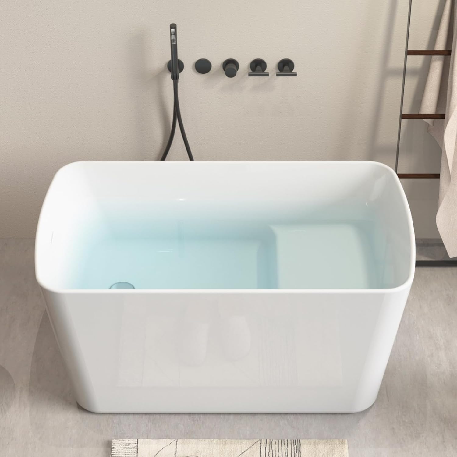 49" Acrylic Freestanding Bathtub, Square Shaped Japanese Soaking Tub with Seat Design, Stand Alone Tubs W/Pop-UP Chrome Drain, Slotted Overflow, cUPC Certified, Glossy White